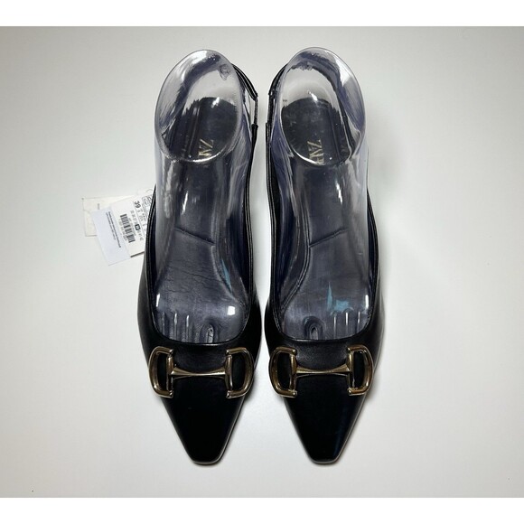 ZARA Black Leather Slingback Pointed Toe Mules Buckle Women Heels US 8 EU 39 NEW - Picture 6 of 14